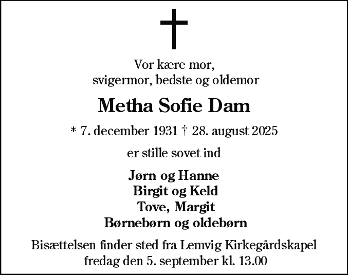 Dødsannonce for Metha Sofie Dam