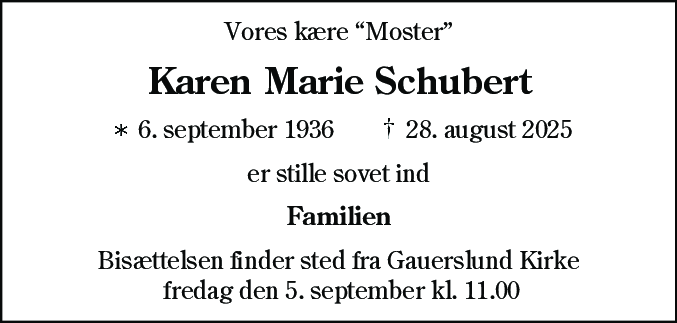 Dødsannonce for Karen Marie Schubert