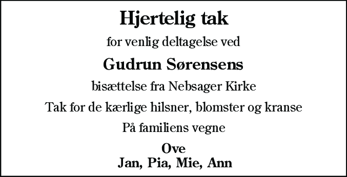 Dødsannonce for Gudrun Sørensen