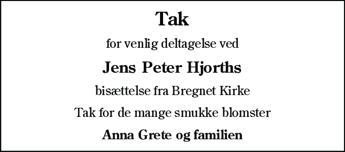 Dødsannonce for Jens Peter Hjorth