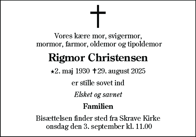 Dødsannonce for Rigmor Christensen