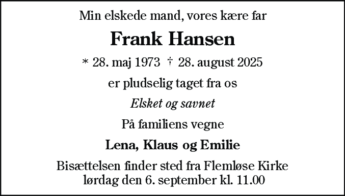 Dødsannonce for Frank Hansen
