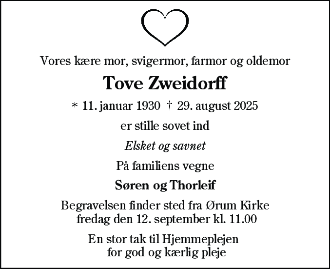 Dødsannonce for Tove Zweidorff