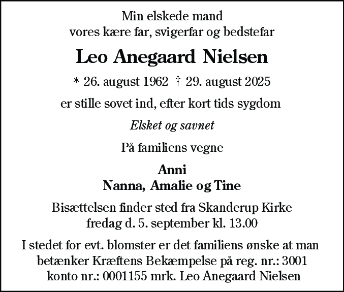 Dødsannonce for Leo Anegaard Nielsen