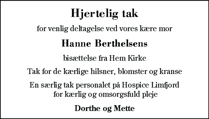 Dødsannonce for Hanne Berthelsen