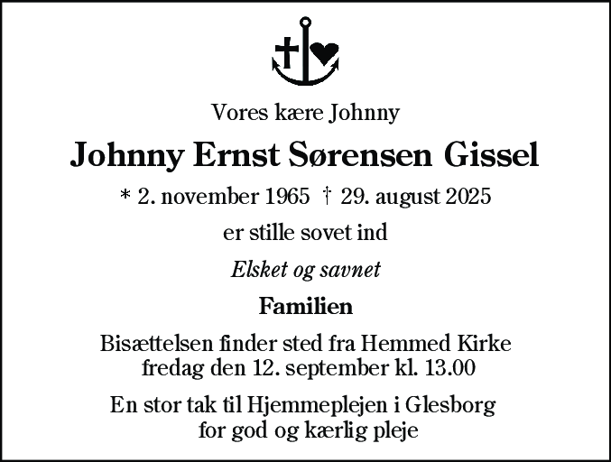Dødsannonce for Johnny Ernst Sørensen Gissel