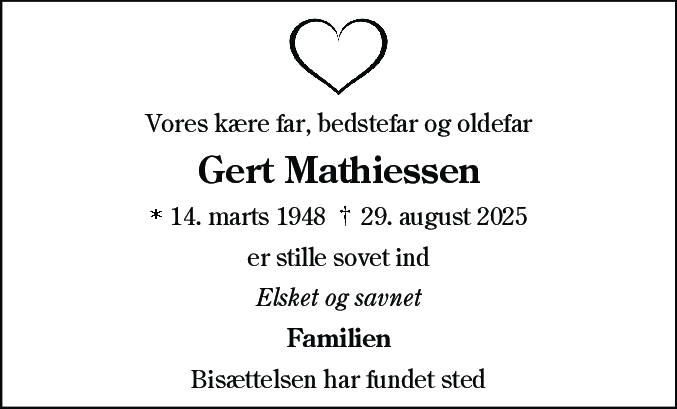 Dødsannonce for Gert Mathiessen