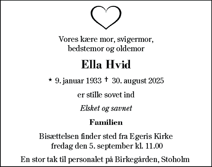 Dødsannonce for Ella Hvid