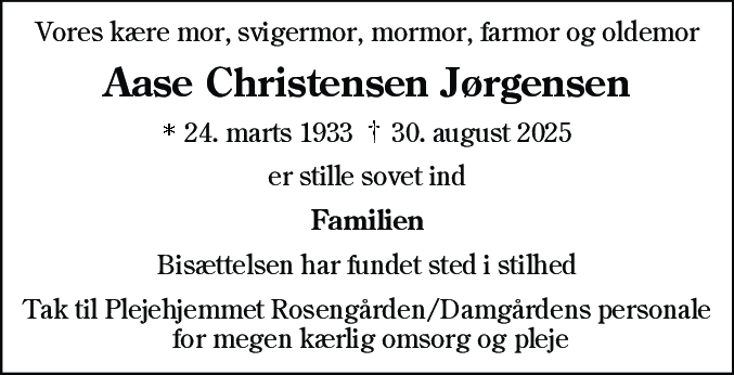 Dødsannonce for Aase Christensen Jørgensen