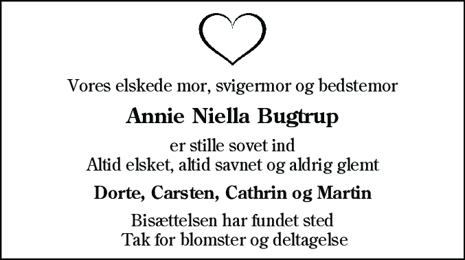 Dødsannonce for Annie Niella Bugtrup