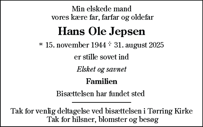 Dødsannonce for Hans Ole Jepsen