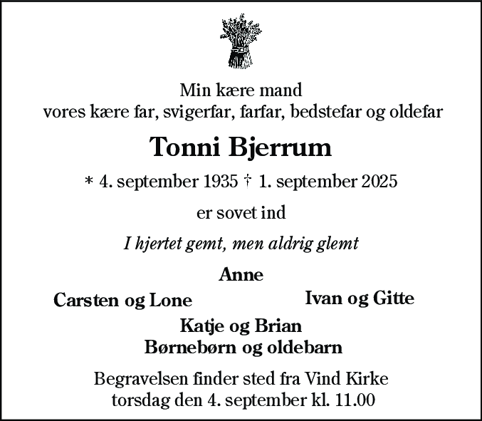 Dødsannonce for Tonni Bjerrum