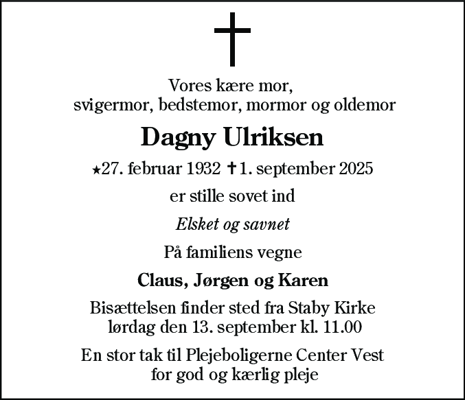 Dødsannonce for Dagny Ulriksen