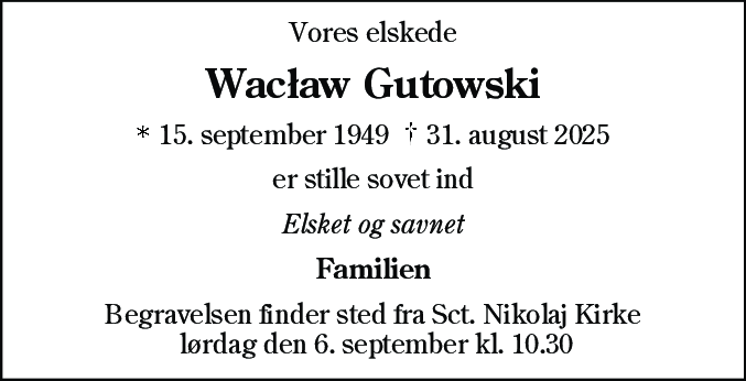Dødsannonce for Waclaw Gutowski
