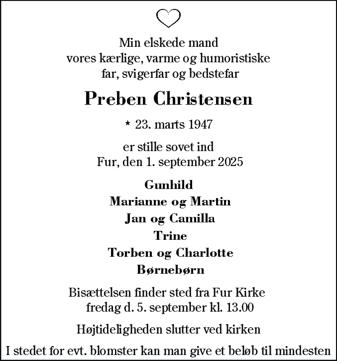 Dødsannonce for Preben Christensen