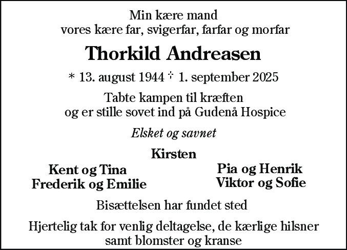 Dødsannonce for Thorkild Andreasen