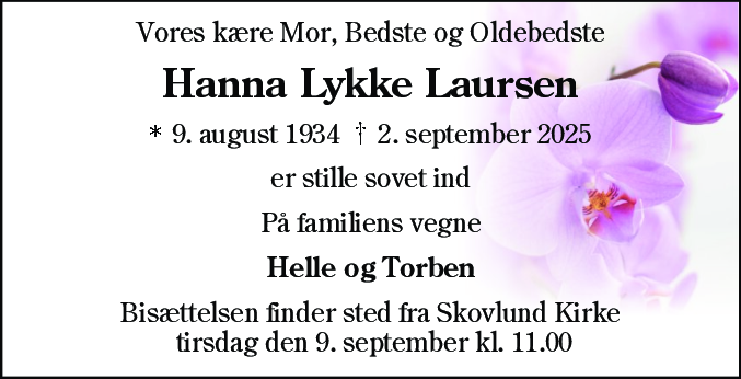 Dødsannonce for Hanna Lykke Laursen