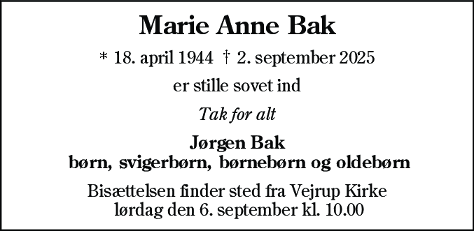 Dødsannonce for Marie Anne Bak