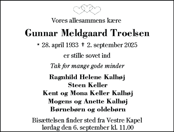Dødsannonce for Gunnar Meldgaard Troelsen