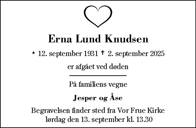 Dødsannonce for Erna Lund Knudsen