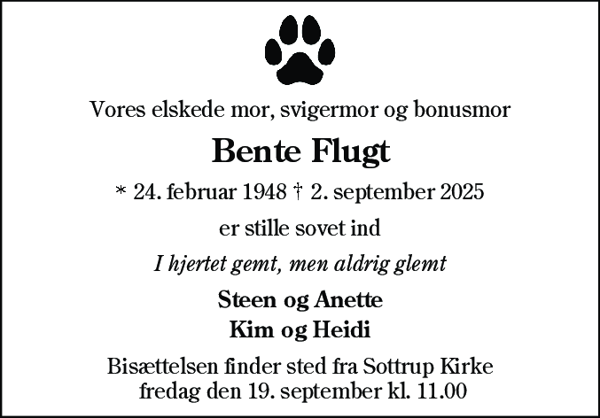 Dødsannonce for Bente Flugt
