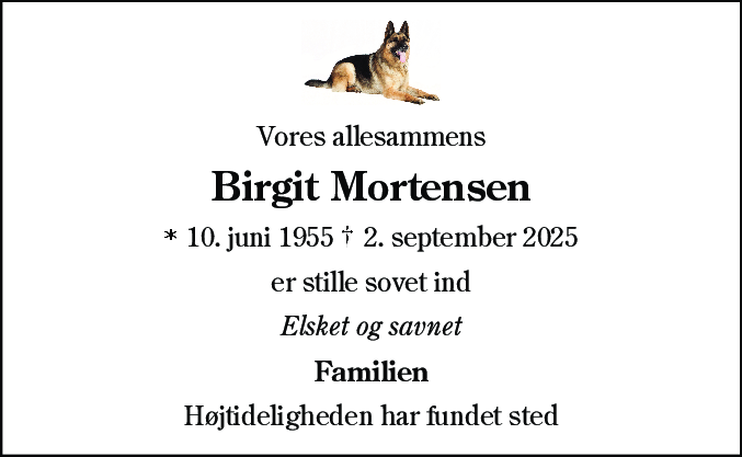 Dødsannonce for Birgit Mortensen