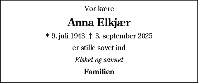 Dødsannonce for Anna Elkjær