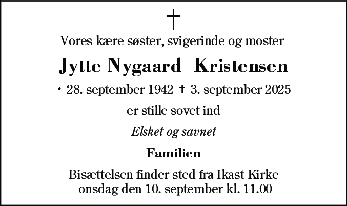 Dødsannonce for Jytte Nygaard  Kristensen