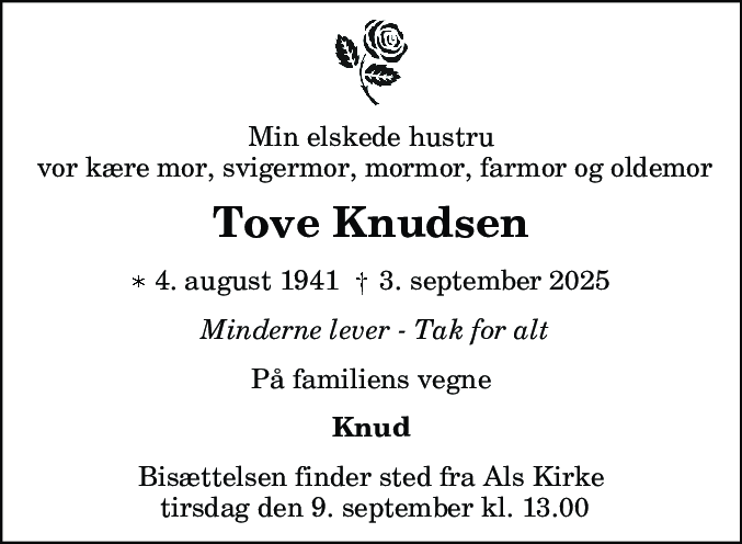 Dødsannonce for Tove Knudsen