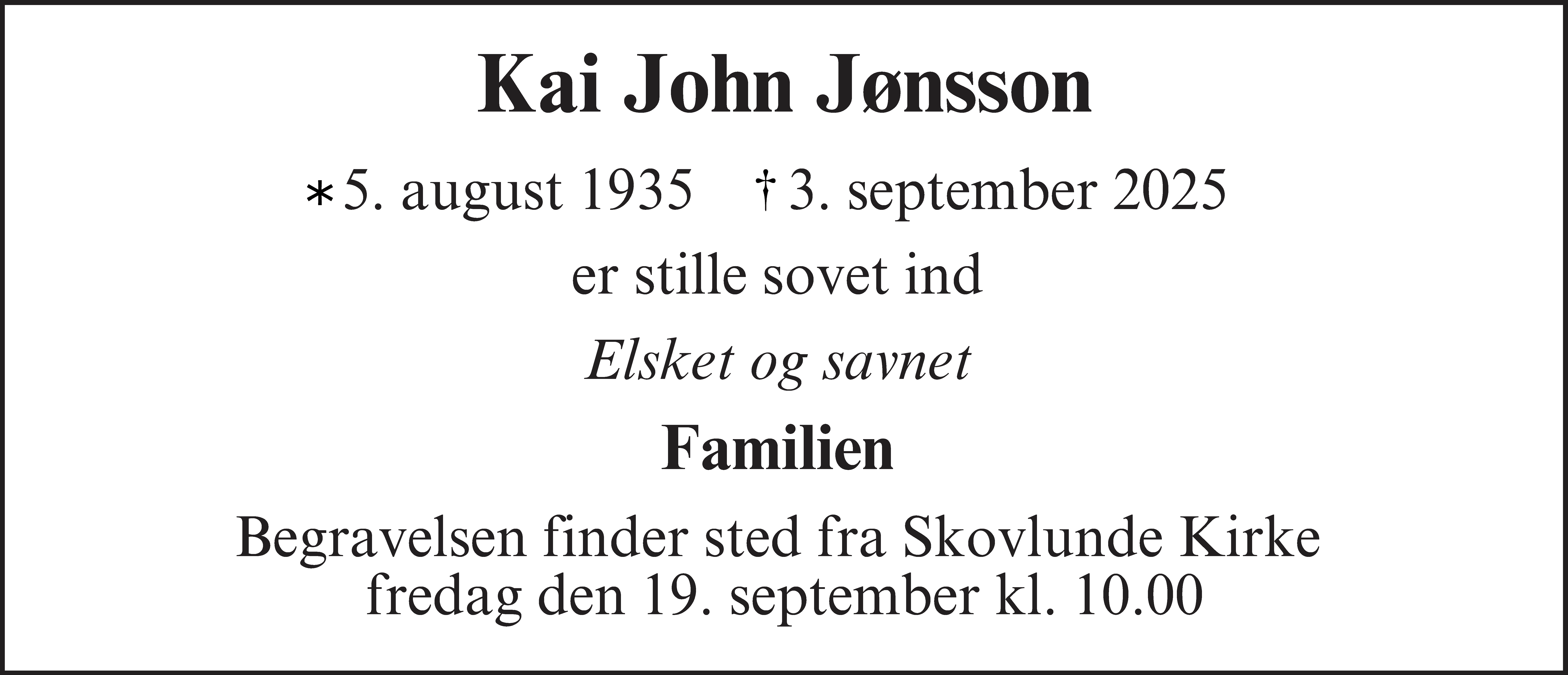 Dødsannonce for Kai John Jønsson