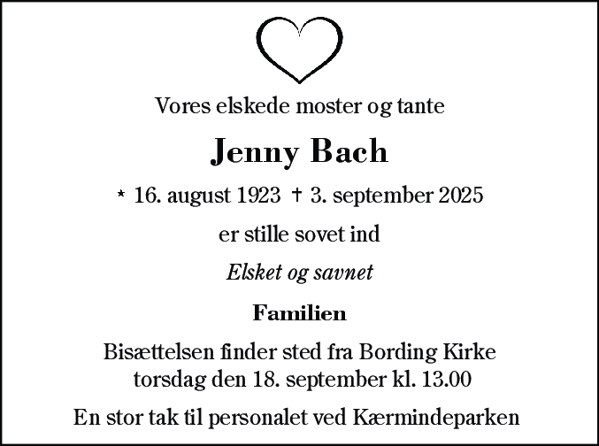 Dødsannonce for Jenny Bach