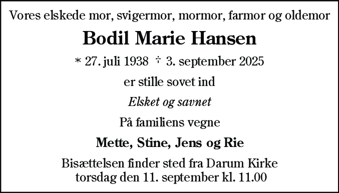 Dødsannonce for Bodil Marie Hansen