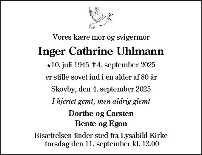 Dødsannonce for Inger Cathrine Uhlmann