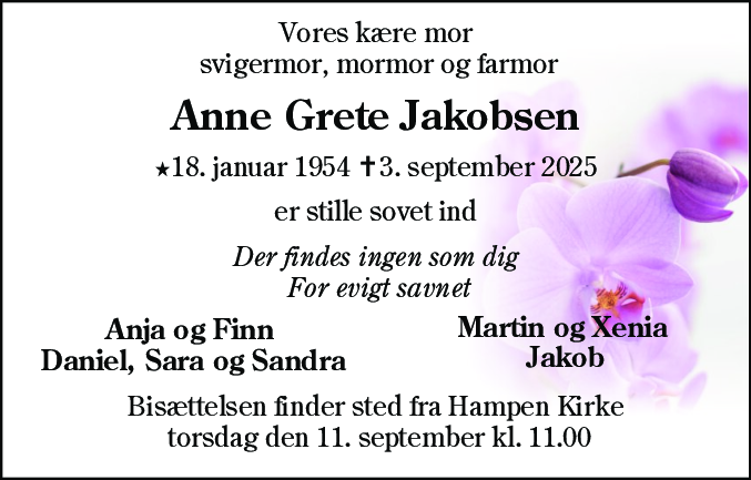 Dødsannonce for Anne Grethe Jakobsen