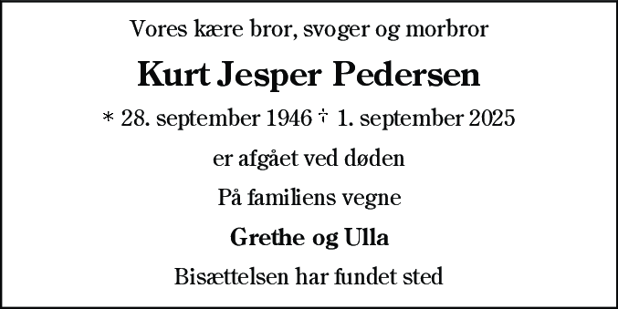 Dødsannonce for Kurt Jesper Pedersen