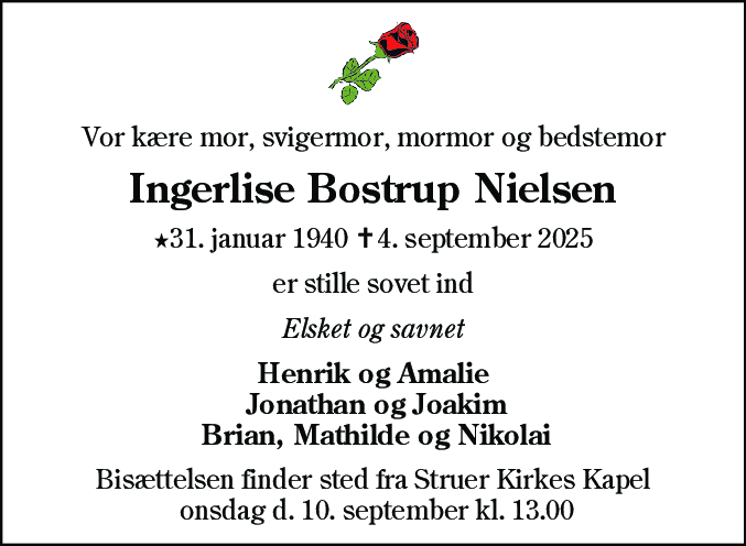 Dødsannonce for Ingerlise Bostrup Nielsen