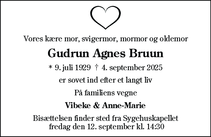 Dødsannonce for Gudrun Agnes Bruun
