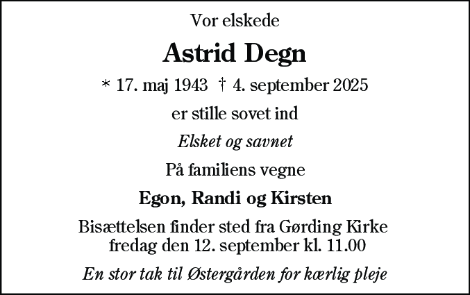 Dødsannonce for Astrid Degn