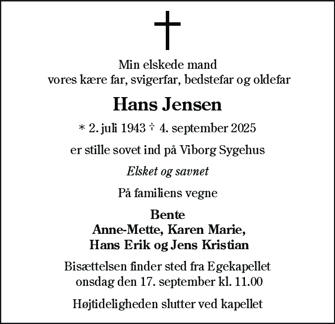 Dødsannonce for Hans Jensen