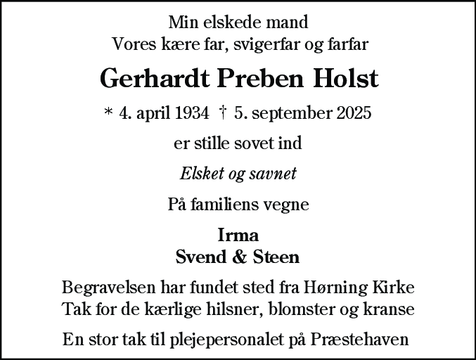 Dødsannonce for Gerhardt Preben Holst
