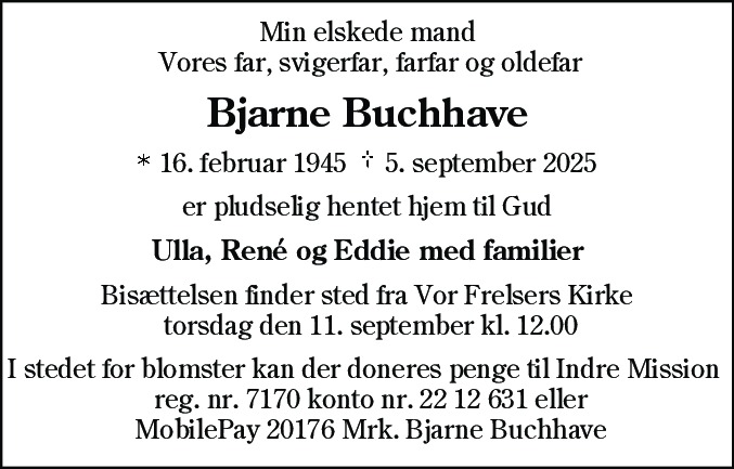 Dødsannonce for Bjarne Buchhave