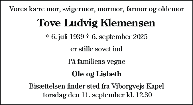 Dødsannonce for Tove Ludvig Klemensen