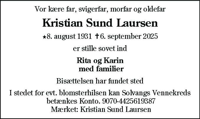 Dødsannonce for Kristian Laursen
