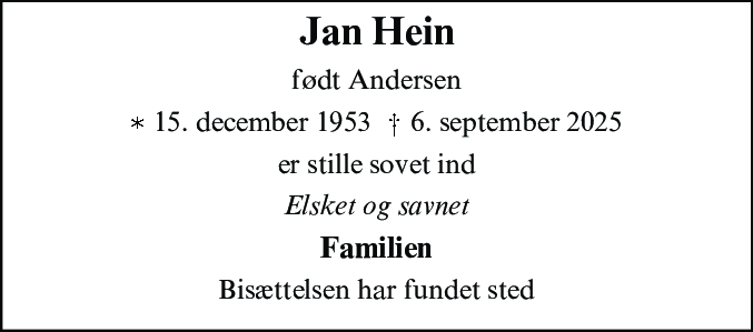 Dødsannonce for Jan Hein