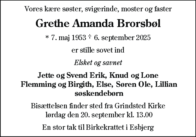 Dødsannonce for Grethe Amanda Brorsbøl