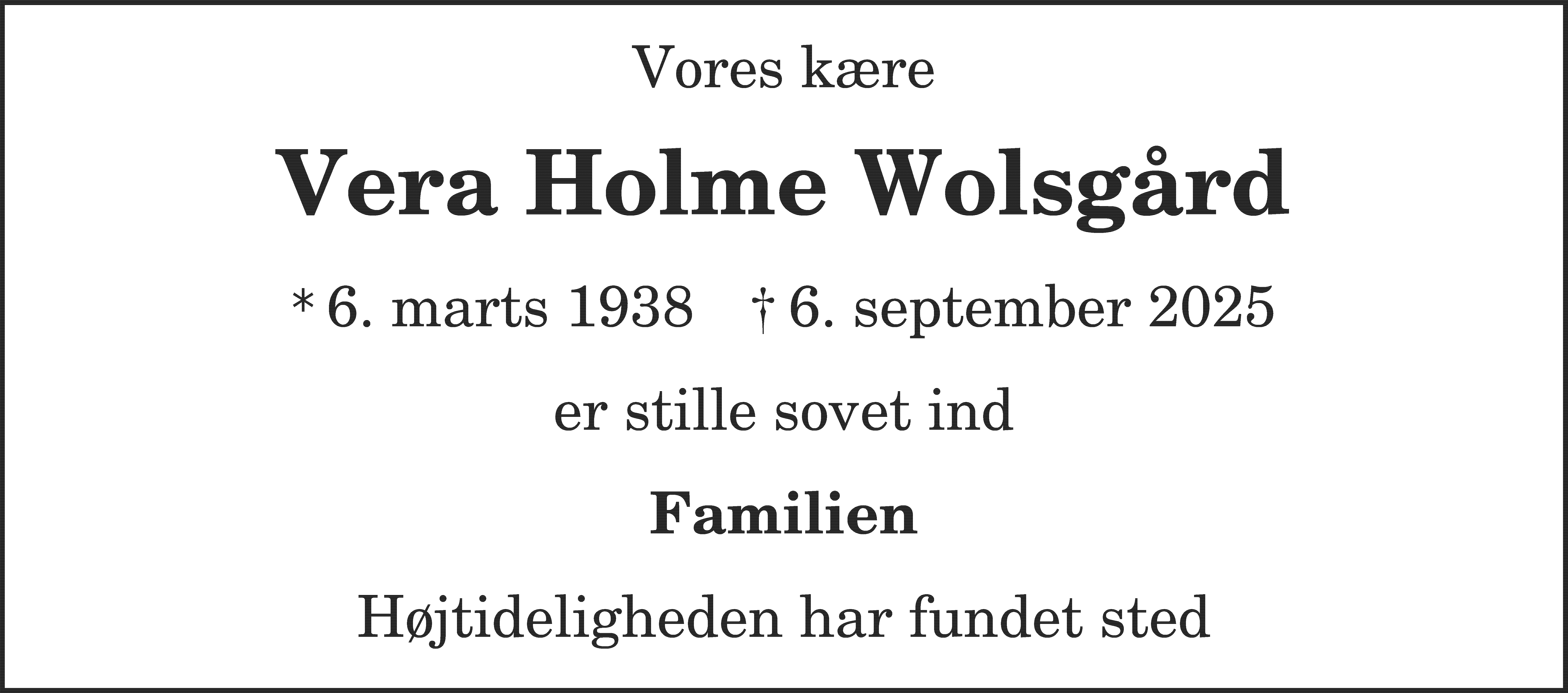 Dødsannonce for Vera Holme Wolsgård