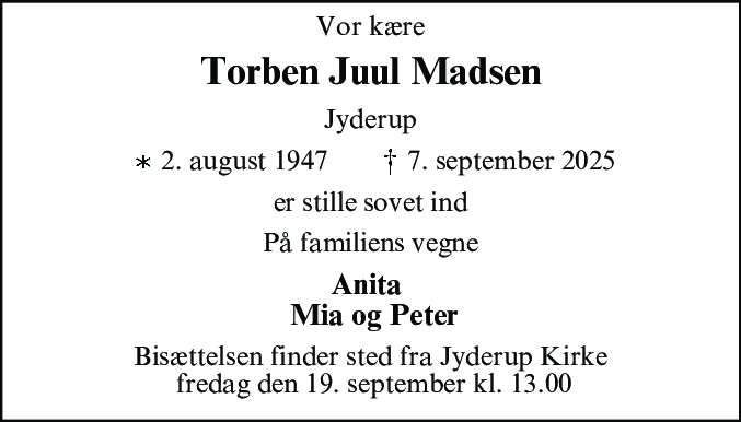 Dødsannonce for Torben Juul Madsen