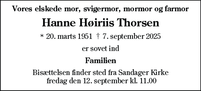 Dødsannonce for Johanne Høiriis Thorsen