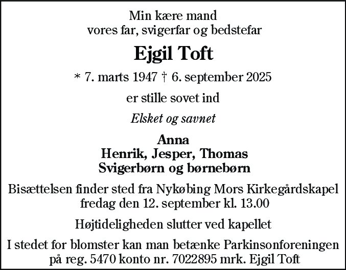 Dødsannonce for Jens Ejgil Jensen Toft