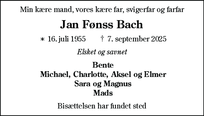 Dødsannonce for Jan Fønss Bach